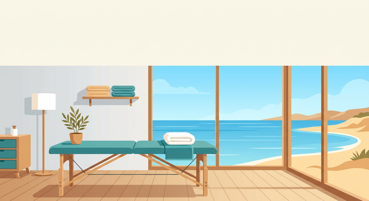 Illustrazione luminosa di una sala di fisioterapia con lettino e finestra sul mare