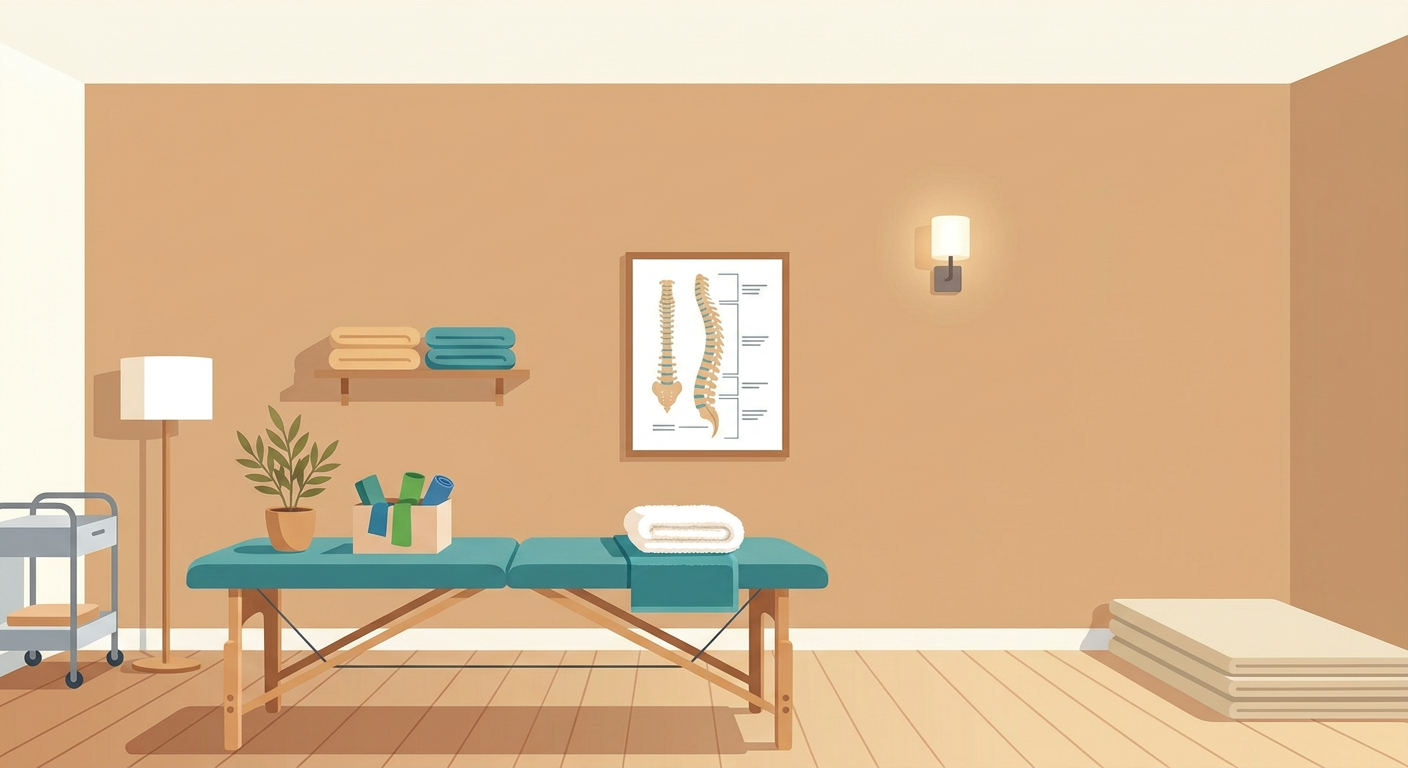 Illustrazione di un ambiente curato per la fisioterapia, con lettino, piante e luce naturale